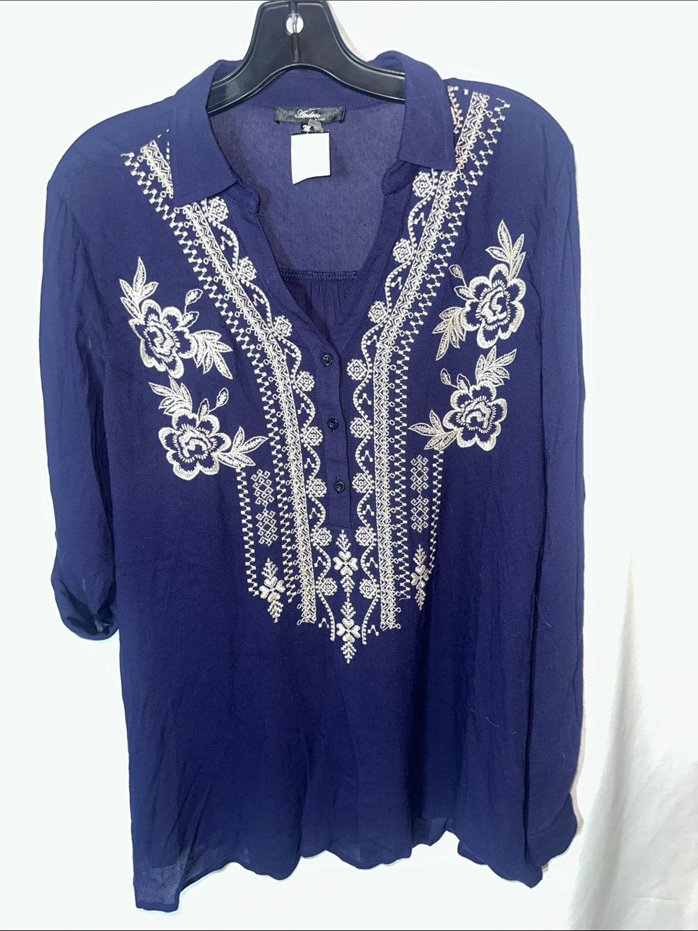 ANDREE BY UNIT Navy Tunic with White Floral Embroidery